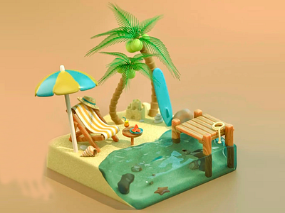 Beach paradise-3d visual 3d 3d abstract art 3d art 3d artwork 3d beach 3d chaise lounge 3d coastal design 3d design 3d exotic scenery 3d island 3d island visual 3d ocean 3d palm trees 3d sand 3d surfing board 3d tropical island 3d vacation inspo 3d visual micro living resort building game scene