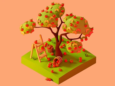 Apple harvest-3d visual 3d 3d animation 3d apple harvest 3d apple tree 3d apples 3d art 3d art work 3d basket of apples 3d design 3d farm scene 3d harvest scene 3d harvesting 3d illustration 3d nature 3d rendering 3d secluded tree 3d tree 3d wooden stairs farming game scene low poly design