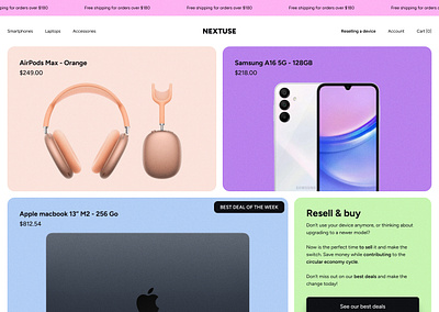 Nextuse / Hero section airpods max apple audio business cycle design e commerce figma iphone macbook reconditioning samsung smartphones ui ux website wireframe