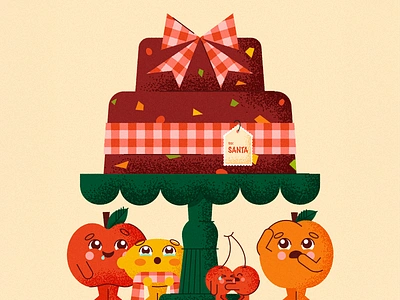 Fruitcake Fiasco apple apricot bow cake cake stand characters cherries cherry cute design fruit fruitcake gingham holiday illustration lemon santa texture vector