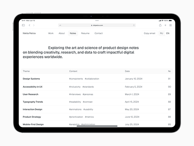 Notes Page in Product Designer's Portfolio communicational design data table data visualization design ipad portfolio product design ui ux