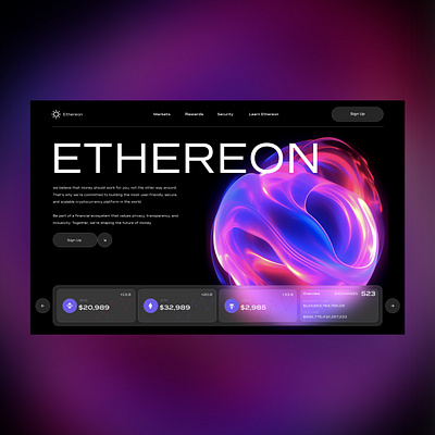 Ethereon Web Ui Landing Shot blockchain branding crypto design ethereum graphic design holographic illustration liquid photography shape ui ui design ux ux design web design