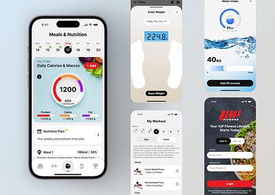 1UP Fitness app redesign app interface daily tracking fitness app fitness goals health tracking healthy living minimal design mobile app modern ui nutrition app supplement guide ui design ux design water intake tracker weight tracking