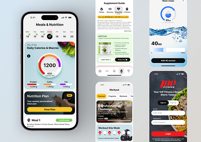 1UP Fitness app redesign app interface daily tracking fitness app fitness goals health tracking healthy living minimal design mobile app modern ui nutrition app supplement guide ui design ux design water intake tracker weight tracking