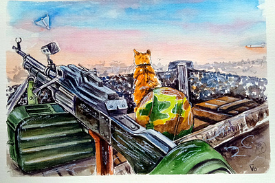 Original Watercolor Painting, Ukrainian Cat and War, Ukraine Art art cat hand painted handmade paint painting ukraine war