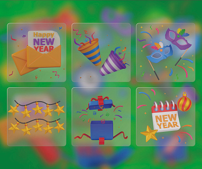 New Year 3D Icon Set 3d 3d icons anniversary calendar confetti gift graphic design happy new year icons illustration ireworks masquerade new year new year 3d icon new year decoration party poppers present sparkle suprise