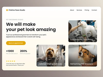 Pristine Paws Studio: Pet Grooming Website Design branding cat clean ui dog grooming exclusive grooming logo minimal design pet salon pet showers petgrooming responsive web design styling services ui uidesign uxdesign uxui web ui web ux website design