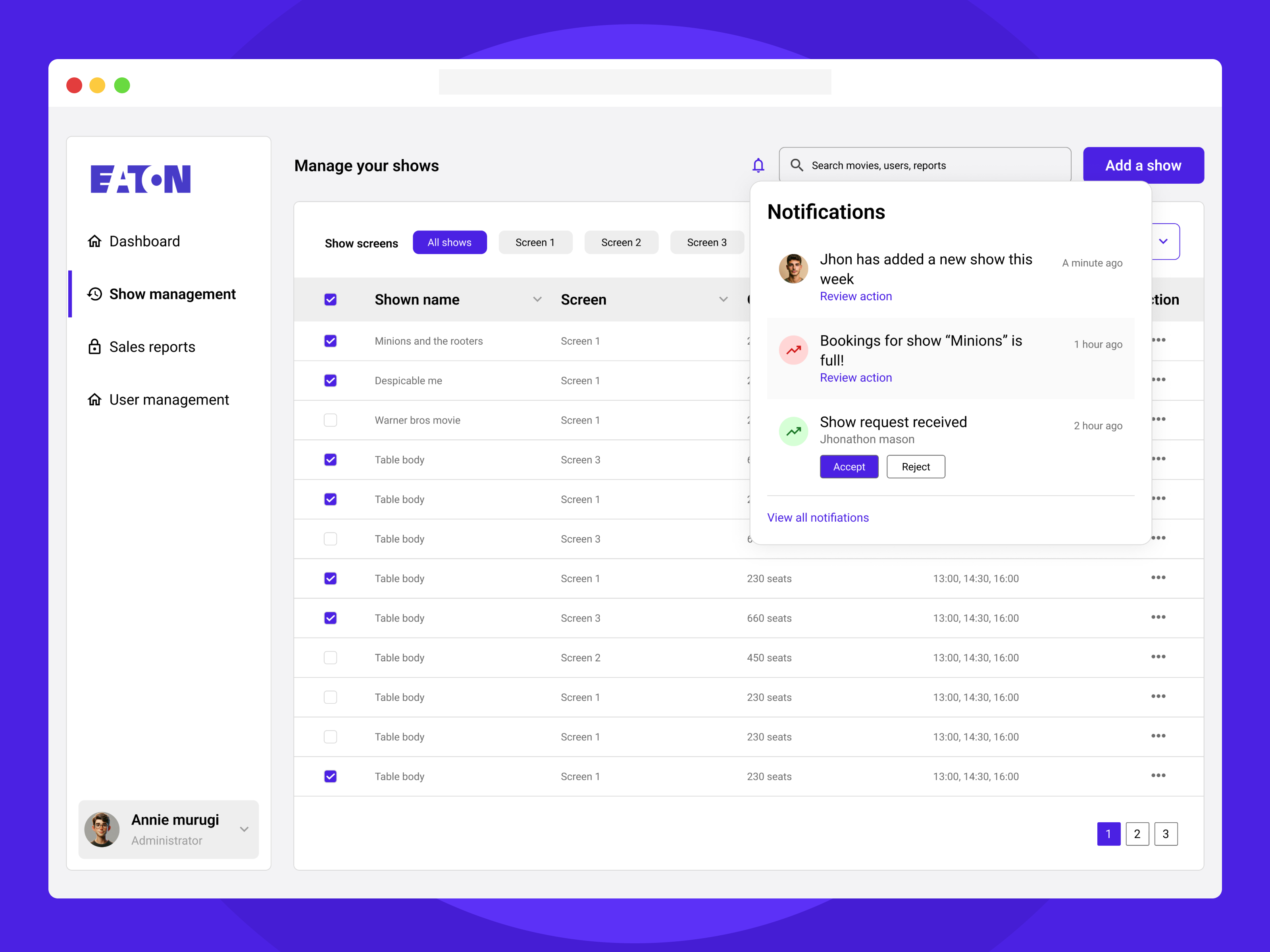 Show management dashboard data tables ui design design notification product design uiux design