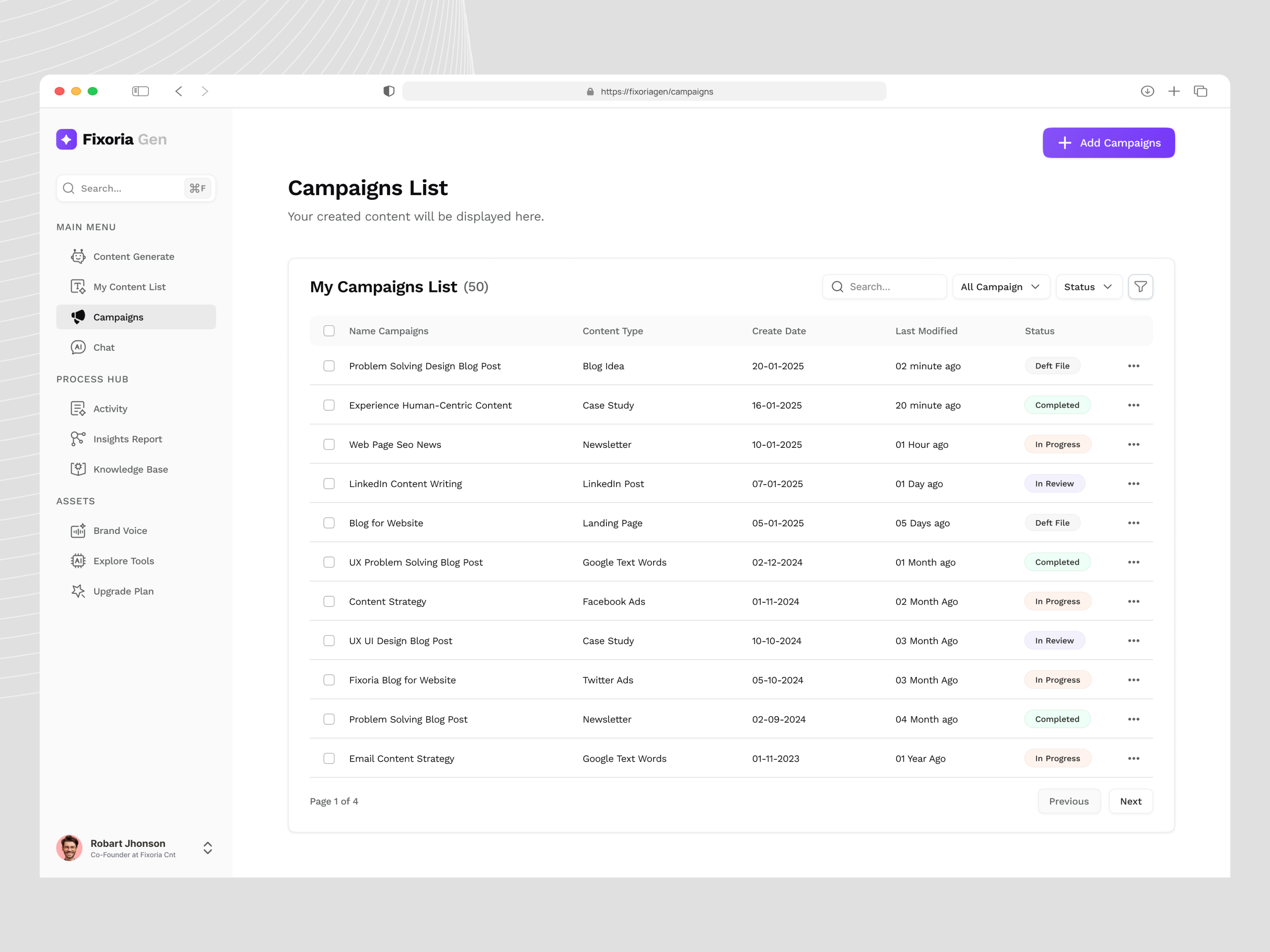 Campaigns Page - AI Marketing Dashboard ai aicontentmarketing aiforbusiness aiforcampaigns aiformarketing aimarketingtool campaign page campaignoptimizationai clean dashboard dashboard design agency digitalmarketingai fixoria ai marketing marketingcampaign platfrom tools uiux ux design web application