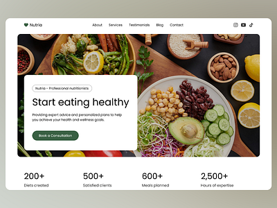 Nutritia - Healthy Eating Website Design branding design diets expert advice health healthy food healthy lifestyle homepage logo nutrition personalized plan ui ui design ux ux design uxui web design web developmet website wellness