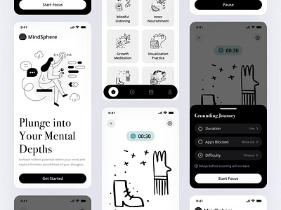 Meditation Mobile App - MindSphere calm design clean design energize focus mode guided meditation health app illustration inner peace meditation meditation app mental health mindfulness minimalist design mobile app mobile app design relaxation app self improvement sleep app wellness app yoga app