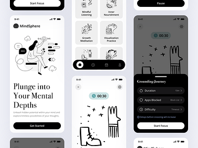 Meditation Mobile App - MindSphere calm design clean design energize focus mode guided meditation health app illustration inner peace meditation meditation app mental health mindfulness minimalist design mobile app mobile app design relaxation app self improvement sleep app wellness app yoga app