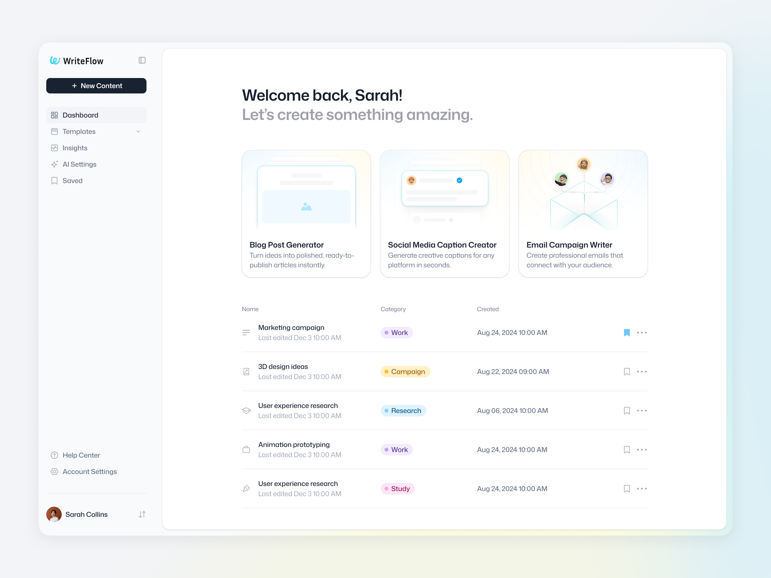 Example of WriteFlow AI - Dashboard