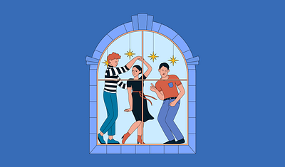 Dancing people advent calendar character dancing people girl illustration window