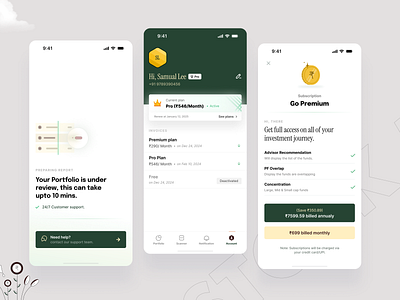 Mobile App (Profile & Subscription) account ai branding dashboard enterprise finance invoice kite mobile app portfolio premium pricing profile stock market subscription tijori ui ux website zerodha