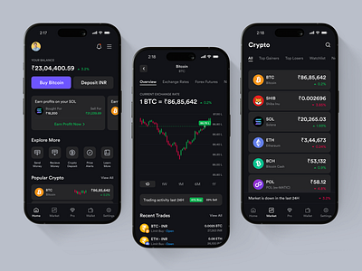 Crypto Trading Mobile App banking interface bitcoin blockchain clean crypto crypto app crypto currency crypto wallet app dark dashboard finance investment app mobile app money management stocks trading trading app ui ux wallet app