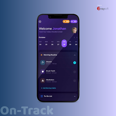 The app named "On-Track" has been designed by Ansysoft adobephotoshop betterme effectivehabits goalsetting habittracker healthyhabits intuitiveui lifehack mindfulnessapp minimalistdesign mobileapp personalgrowth personalmilestone productivityapp routinebuilder selfcareapp selfimprovement selfoptimization timemanagement wellbeingapp