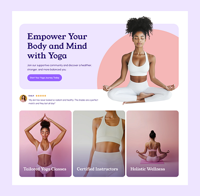 Yoga hero section for Framer built with Frameblox UI kit cta feedback fitness framer header hero landing page pink purple testimonial ui ui kit website woman yoga