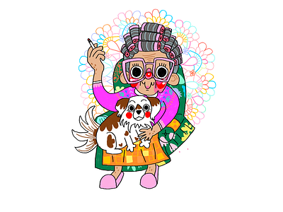 Grandma Shirley acacia rocco character design cute dog grandma granny hair rollers illustration kawaii smoking