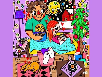 Xmas Love acacia rocco christmas couple cuddle cute holiday illustration kawaii living room