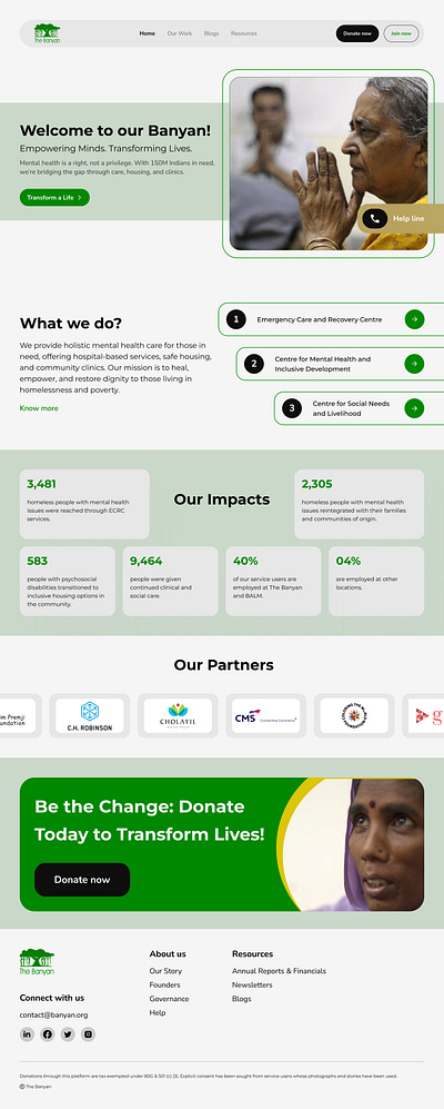 The Banyan Charity Website Redesign. charity landing page ngo ui