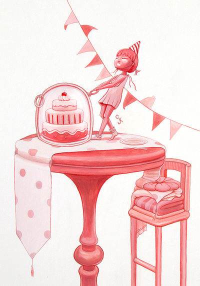 Bittersweet birthday childrens drawing gouache illustration monochromatic painting