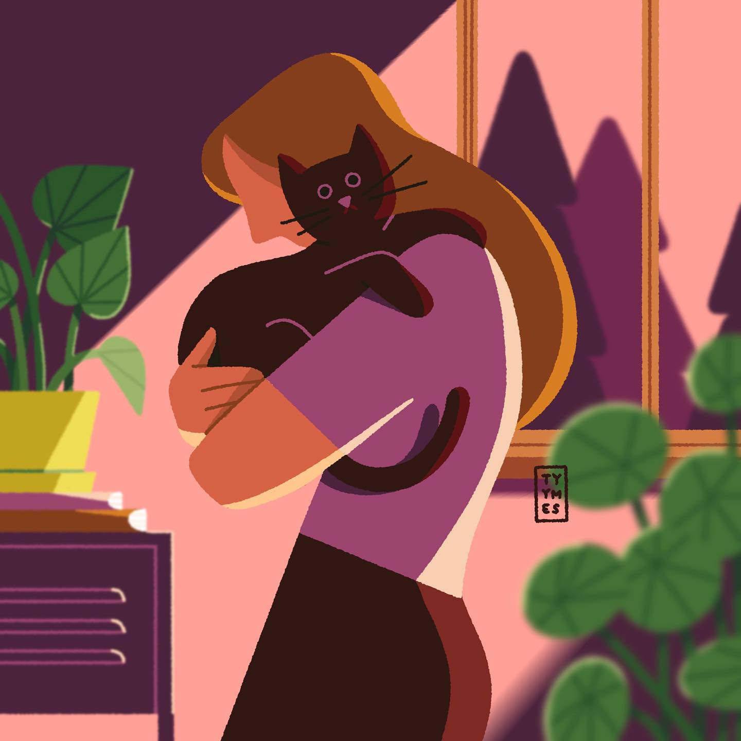 Behind her eyes animal beautiful calm cat character design digital home illustration interior light love minimal person plants procreate simple