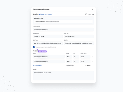 Pop up new invoice | Modal dialog crm customer management dashboard date picker design input invoice invoice dashboard design invoice management invoicing modal dialog online invoice popup product design saas saas dashboard ui valeria savina designer web design web software