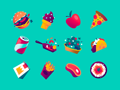 Deliveroo - Icons burger cooking deliveroo delivery fastfood food icecream iconography icons illustration limitedpalette meat minimal pizza salad simple taco texture vibrant