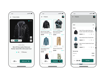 E-commerce app, products page, product details, and cart e commerceapp figmadesign human centered design mobileapp ui uxdesign