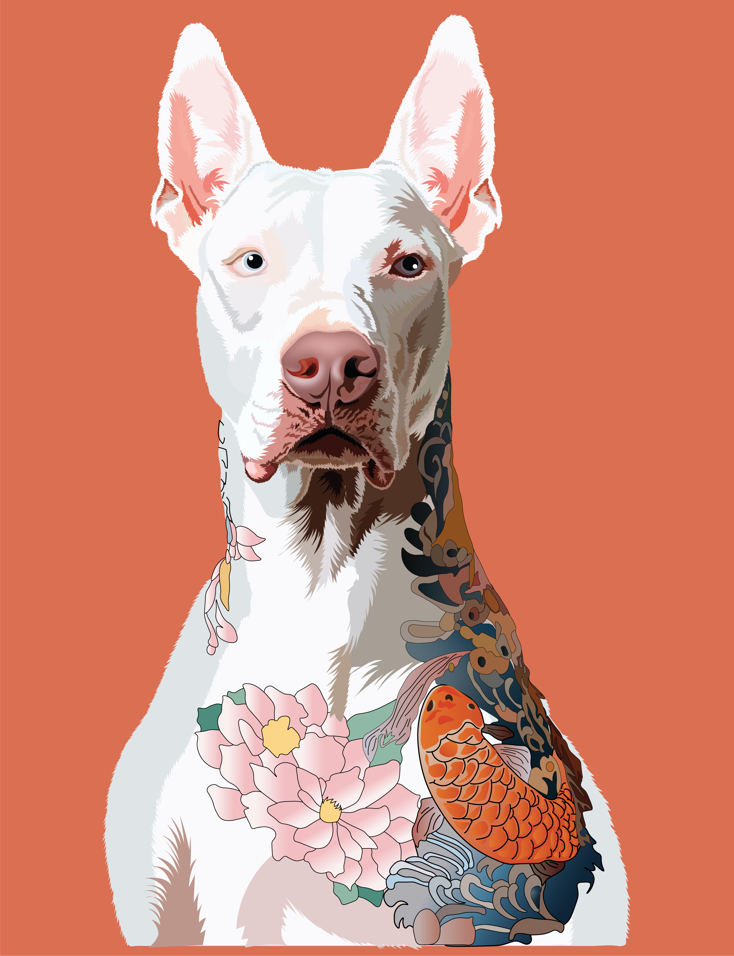 Tattooed Dog art bright background contemporary art digitalart dog flowers graphic design illustration koi fish portrait tattoos vector