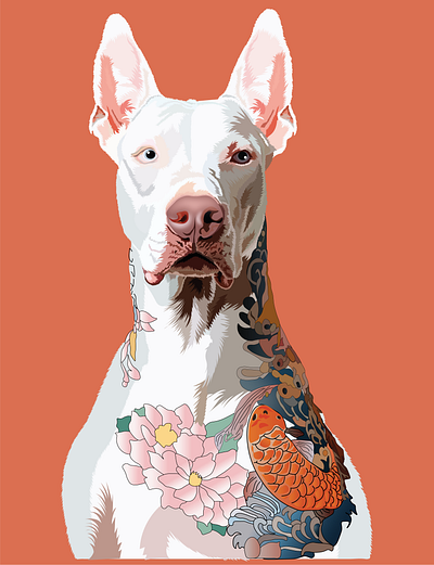 Tattooed Dog art bright background contemporary art digitalart dog flowers graphic design illustration koi fish portrait tattoos vector