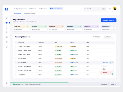 HR Management - My Absence absence colorful colors dashboard dropdown filters minimal navigation platform playful product design saas table ui ui ux user interface vacation web app