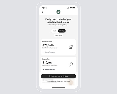 A payment subscription screen for an inventory app graphic design ui