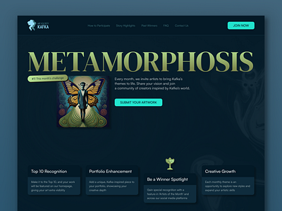 Landing Contest Kafka Challenge color balance competition composition concept contest platform creative showcase dark mode hero section illustration interface kafka kafka theme landing page landing page design metamorphosis novel participation ui design web design winners