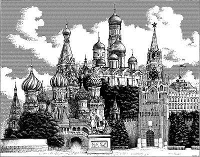 Moscow black and white engraving illustration landmark russia scratchboard woodcut