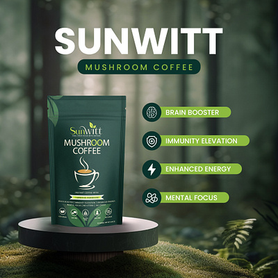 Sunwitt Mushroom Coffee Ads 3d branding design graphic design illustration logo mockup ui ux vector