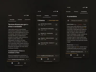 Resource Detail - Evolution Academy clean comment section comments dark mode files gold lesson minimal mobile app mobile ui poker product design progress indicator student tabs ui design ux design