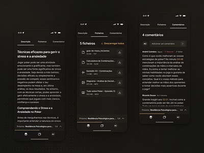 Resource Detail - Evolution Academy clean comment section comments dark mode files gold lesson minimal mobile app mobile ui poker product design progress indicator student tabs ui design ux design