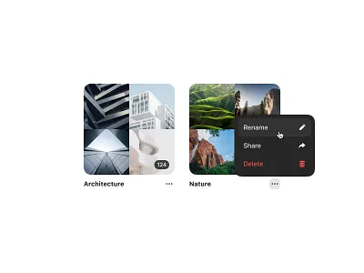 Image Collections cards collections delete images menu popover rename share simple ui