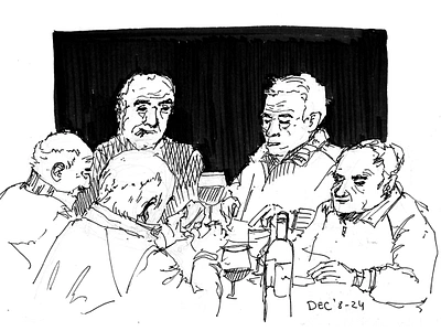 Table Talk: A Study in Ink artistic practice black and white casual scene character study creative process dynamic sketch everyday life expressive lines group portrait illustration ink sketch line art monochrome art observation drawing pen drawing quick sketch social gathering storytelling urban sketching wine