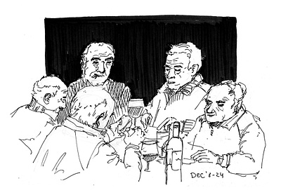 Table Talk: A Study in Ink artistic practice black and white casual scene character study creative process dynamic sketch everyday life expressive lines group portrait illustration ink sketch line art monochrome art observation drawing pen drawing quick sketch social gathering storytelling urban sketching wine