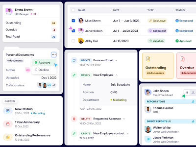 HR Management - Secondary Pages bento bento box cards clean colorful dashboard documents employees hierarchy history timeline hr management interactions logbook minimal product design table ui ui card