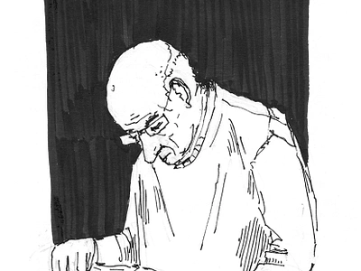 Quiet Focus: Ink Study artistic practice black and white character study creative process dynamic sketch everyday life expressive lines illustration ink sketch line art minimalist monochrome art observational drawing pen drawing portrait quiet moment reading sketchbook art storytelling urban sketching