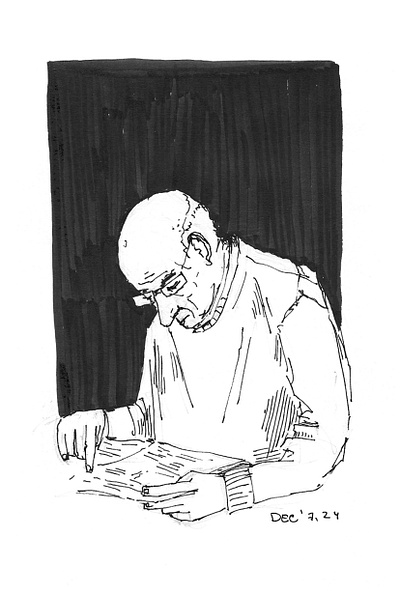 Quiet Focus: Ink Study artistic practice black and white character study creative process dynamic sketch everyday life expressive lines illustration ink sketch line art minimalist monochrome art observational drawing pen drawing portrait quiet moment reading sketchbook art storytelling urban sketching