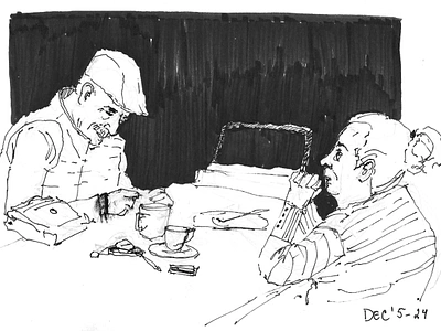 Casual Conversations: Ink Sketch artistic practice black and white casual scene character study conversation study creative process dynamic sketch everyday life expressive lines illustration ink sketch line art monochrome art observational drawing pen drawing quiet moment sketchbook art storytelling table setting urban sketching