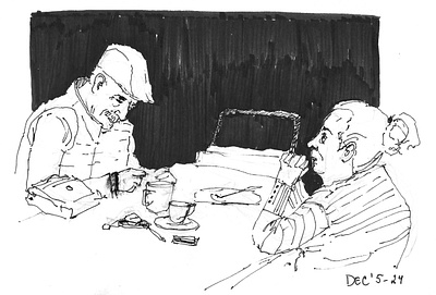 Casual Conversations: Ink Sketch artistic practice black and white casual scene character study conversation study creative process dynamic sketch everyday life expressive lines illustration ink sketch line art monochrome art observational drawing pen drawing quiet moment sketchbook art storytelling table setting urban sketching