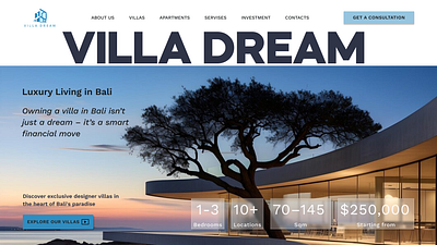 First screen website Villa Dream: Luxury Real Estate in Bali animation design first screen ui