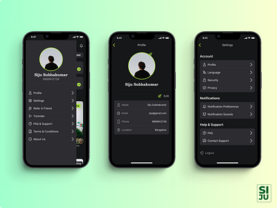 Elegant Dark Mode UI: Profiles and Settings app design mobile ui