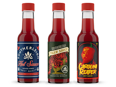 Hot Sauce labels for Southerleigh Fine Food food graphicdesign hospitalitybranding hotones hotsauce illustration labeldesign packagingdesign sanantonio satx texas vector